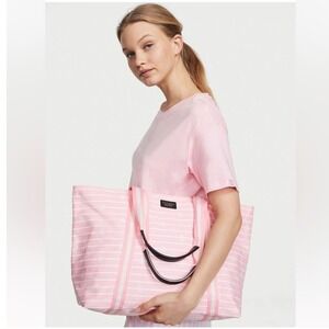 Victoria's Secret Tote Bag New Pink & White Stripes Carryall Zip Closure NWT